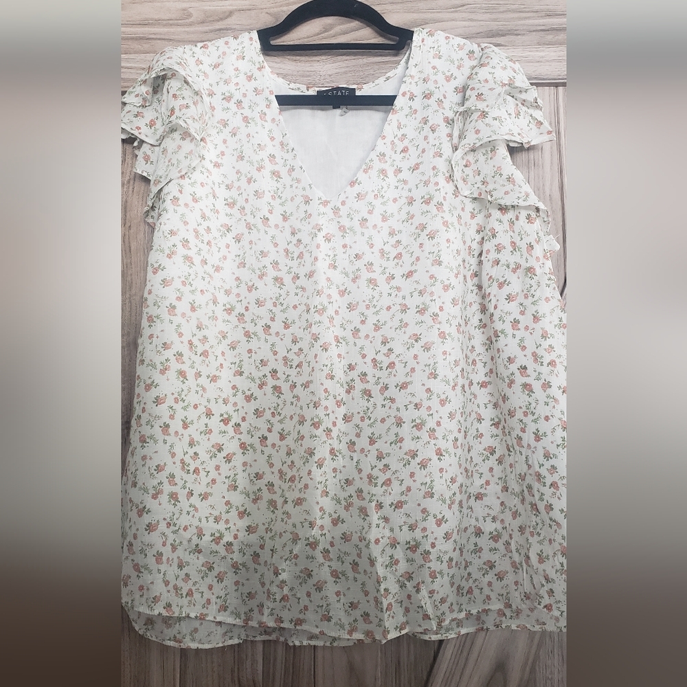 1. State White and Pink Ruffled Blouse